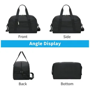 Detailed multi-angle view of black sports travel duffel bag, casual shoulder bag for gym.