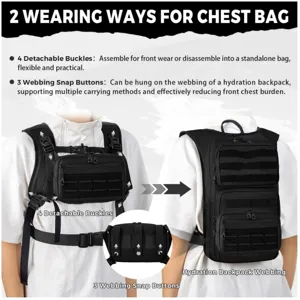 Detailed view of multi-functional tactical chest bag with detachable buckles and webbing.