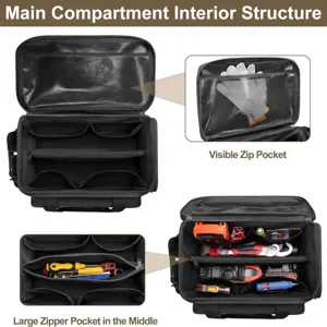 Borsa porta attrezzi nera multifunzione con scomparti multipli e tasche con zip a vista.