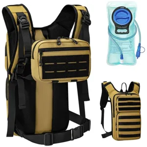 Detail view of tactical hydration backpack with MOLLE webbing and included water bladder system.