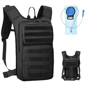 Tactical hydration backpack with MOLLE webbing and water bladder for outdoor sports camping.