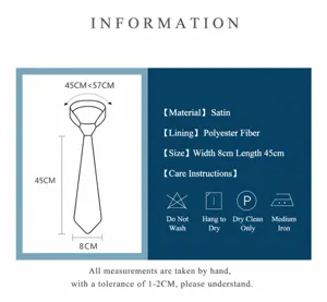 Men's business formal zipper necktie detail size chart, 8cm width and 45cm length design.