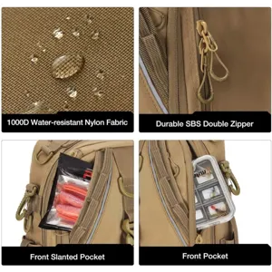Outdoor tactical backpack detail shot showing durable 1000D nylon fabric and SBS double zippers.