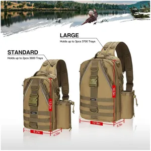 Outdoor tactical fishing sling backpack detail view, multi-pocket design, khaki color.