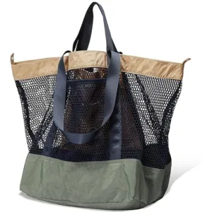 Grande borsa mare a rete con finiture a contrasto, borsa a tracolla traspirante.