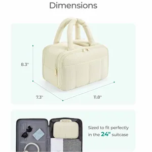 Dettaglio della borsa cosmetica da viaggio imbottita con dimensioni e valigia 24 pollici.