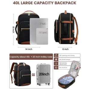 Large capacity travel backpack with 180 degree opening, wet dry separation and laptop compartment.