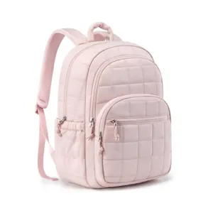 Pink quilted laptop backpack, stylish travel school bookbag with spacious compartments for daily use.