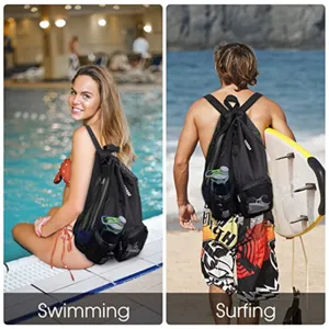 Black mesh drawstring swimming backpack with wet pocket for beach and fitness sports