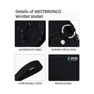 Detailansicht der schwarzen Handgelenktasche mit wasserdichtem Stoff und Metallring.