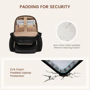 Detail view of black laptop backpack featuring protective EVA foam padding and waterproof design.