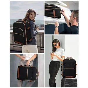 Large capacity travel backpack, stylish black and brown design for business trips and daily use.