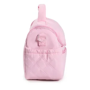 Pink quilted lunch bag tote insulated cooler bag with handle and side strap ring.