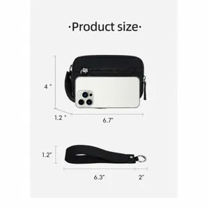 Detaillierte Produktgrößentabelle mit Abmessungen der schwarzen Handtasche und Armschlaufe.