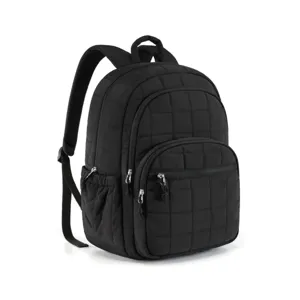 Classic black quilted backpack with multiple storage compartments for everyday use.