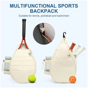 Multifunctional quilted tennis backpack in off-white, perfect for tennis and pickleball rackets.