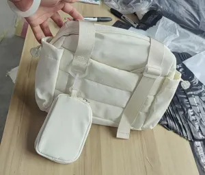 White puffer shoulder bag with small pouch, casual quilted travel handbag for women