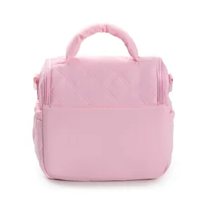 Pink quilted lunch bag thermal insulated portable waterproof cosmetic storage bag detail view