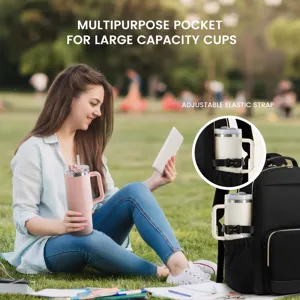 Black waterproof laptop backpack with side pocket for large cups and adjustable strap.