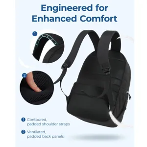 Black laptop backpack with contoured padded shoulder straps and ventilated back panels for travel.