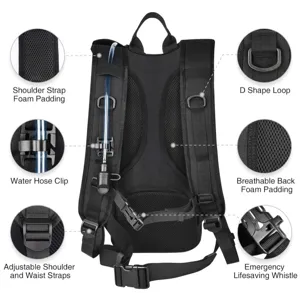 Hydration backpack detail showing foam padding, water hose clip, and safety whistle.
