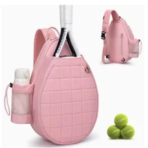 Pink Quilted Tennis Sling Bag Waterproof Crossbody Tennis Backpack with Bottle Holder