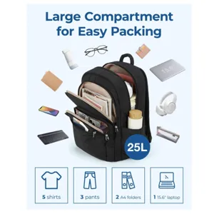 Black quilted travel laptop backpack detail view showing large 25L storage capacity and compartments.