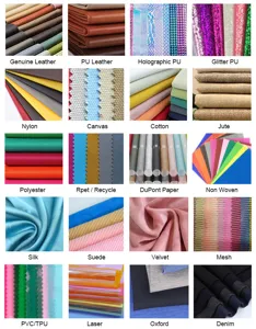 Custom backpack material fabric swatches display chart showing various leather nylon canvas options.