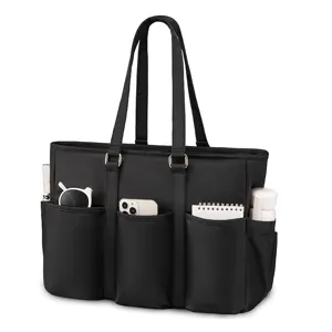 Black multi-pocket tote bag for women, large capacity laptop bag and commuter shoulder bag.
