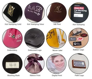Custom pouch logo printing craftsmanship display chart showcasing various personalized logo techniques.