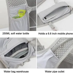 Breathable running hydration vest backpack with multiple storage pockets for water bottle and phone.