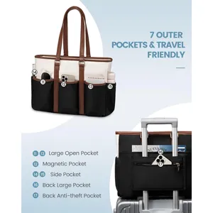 Large multi-pocket canvas tote bag with laptop compartment and travel luggage sleeve for women.