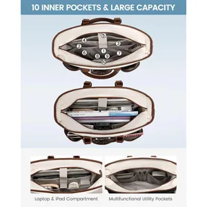 Large capacity women teacher tote bag with 10 inner pockets and laptop compartment for work.