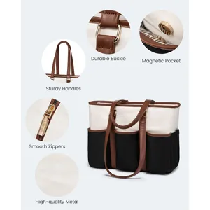 Multi-pocket teacher tote bag detail showing sturdy handles, durable buckle and smooth zipper.