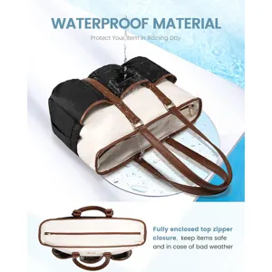 Canvas tote bag detail showing waterproof material performance and secure top zipper closure.