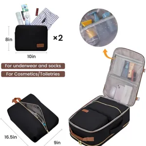 Large capacity travel backpack set with packing cubes and waterproof toiletry bags.