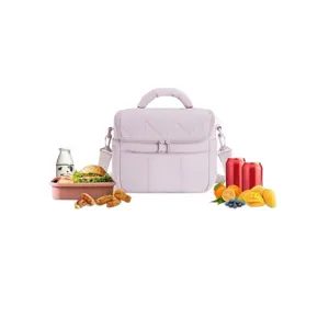 Pink quilted insulated lunch bag, waterproof thermal cooler crossbody tote for meals.