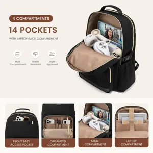 Black multi-compartment travel laptop backpack with 14 pockets, waterproof design and USB port.
