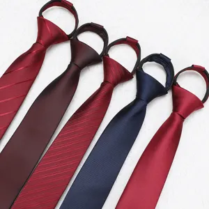 Close-up detail of pre-tied zipper neckties in assorted colors and patterns for versatile styles.