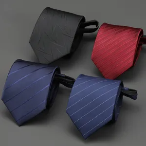 Zipper necktie set for men and women, business formal black red blue striped slim ties.