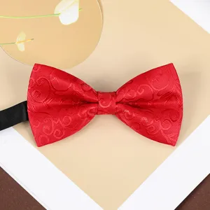 Wine red wedding bow tie detail shot, exquisite jacquard pattern for formal suits and groomsmen.