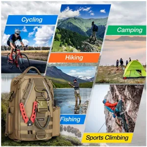 Tactical backpack for outdoor sports, hiking, camping, fishing, and climbing with large capacity.