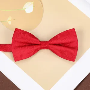 Wine red jacquard bow tie detail shot, elegant wedding suit accessory for men and groom.
