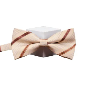 Men's stylish striped bow tie in beige, classic formal neckwear accessory for suits and shirts.