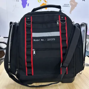 Borsa porta attrezzi nera pesante con tasche multiple e comoda tracolla regolabile.
