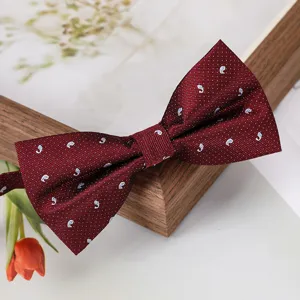 Gros plan détaillé d'un nœud papillon bordeaux à motifs paisley, montrant une texture délicate.