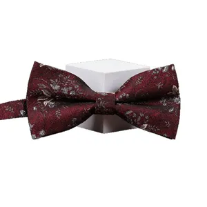 Burgundy floral bow tie for men and women, classic wedding suit neckwear accessory.