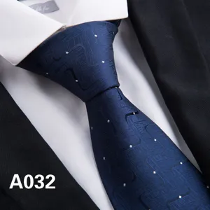 Detail view of a stylish 8cm navy blue wavy polka dot business necktie for men.