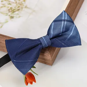 Blue plaid bow tie for men, stylish formal accessory for wedding business banquet and suits.