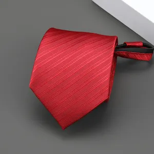 Red striped zipper necktie detail, easy-to-wear pre-tied tie for formal business suits.